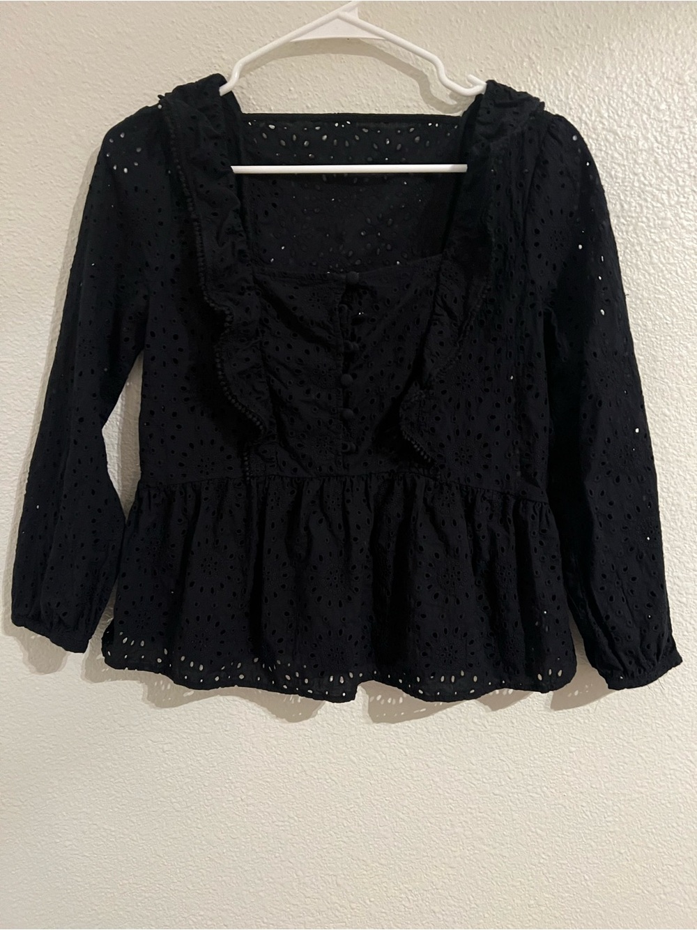 J. Crew Black Eyelet Ruffle Peplum Top